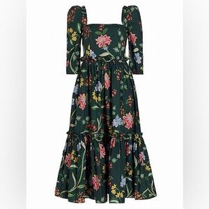Cara Cara Blue Hill Tiered Midi Dress Ophelia Floral Emerald Size 4